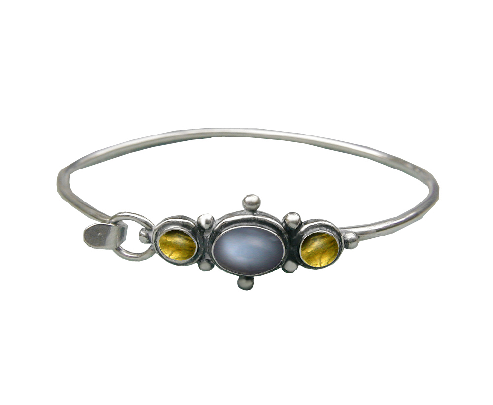 Sterling Silver Strap Latch Spring Hook Bangle Bracelet Grey Moonstone And Citrine